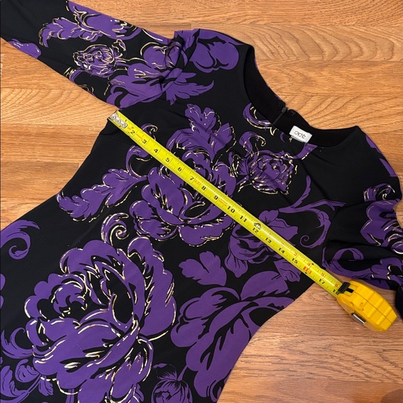 Cache, elegant black purple and gold floral long sleeve mini dress. Size 10. - Picture 11 of 17